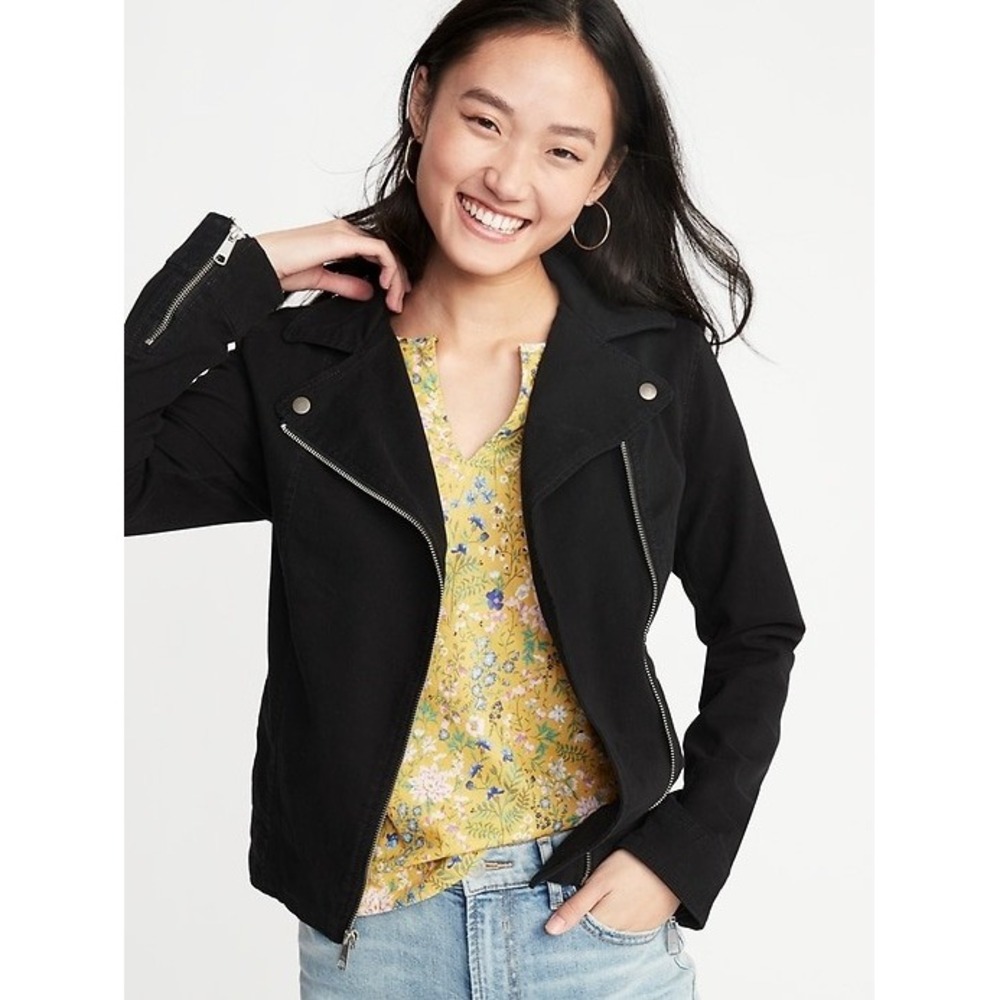 Old Navy Women Minimalist Biker Faux Suede Moto Jacket Full Zip Size L Black NWT
